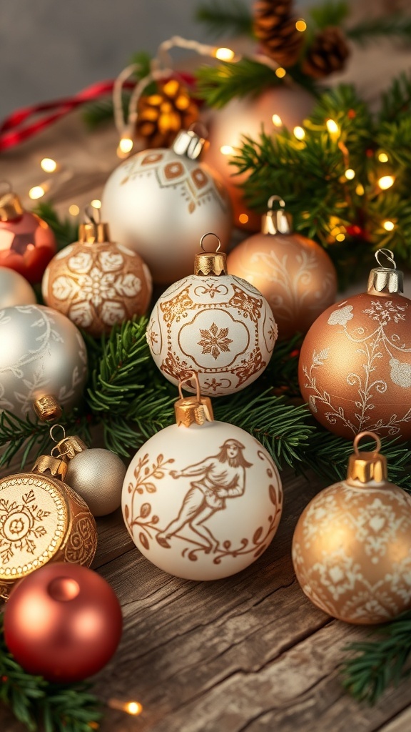 Vintage Christmas ornaments in various designs and colors on a wooden table with pine branches and lights.
